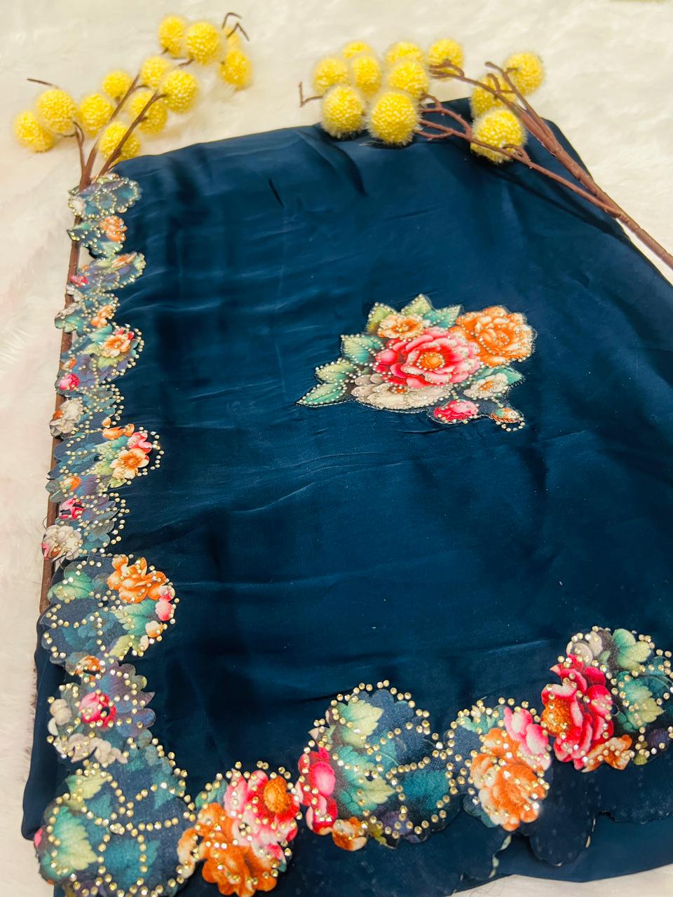 Blue Embroidered Floral Motif Saree