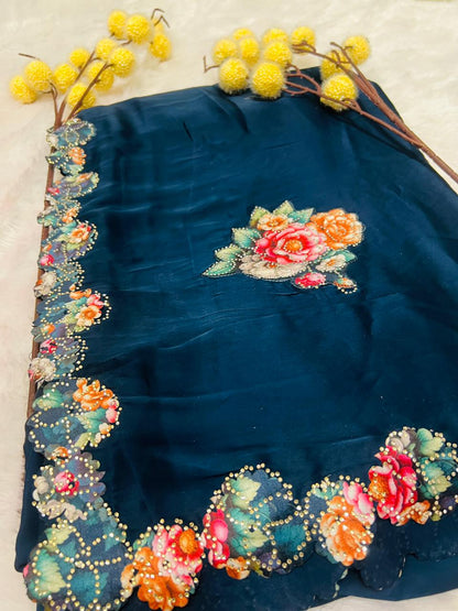 Blue Embroidered Floral Motif Saree