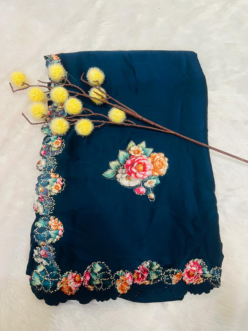 Blue Embroidered Floral Motif Saree
