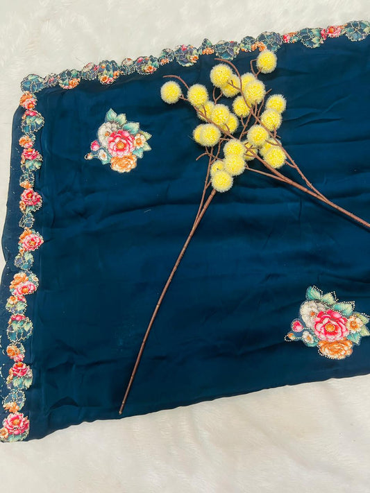 Blue Embroidered Floral Motif Saree