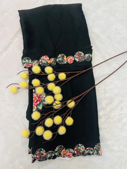 Black Embroidered Floral Motif Saree