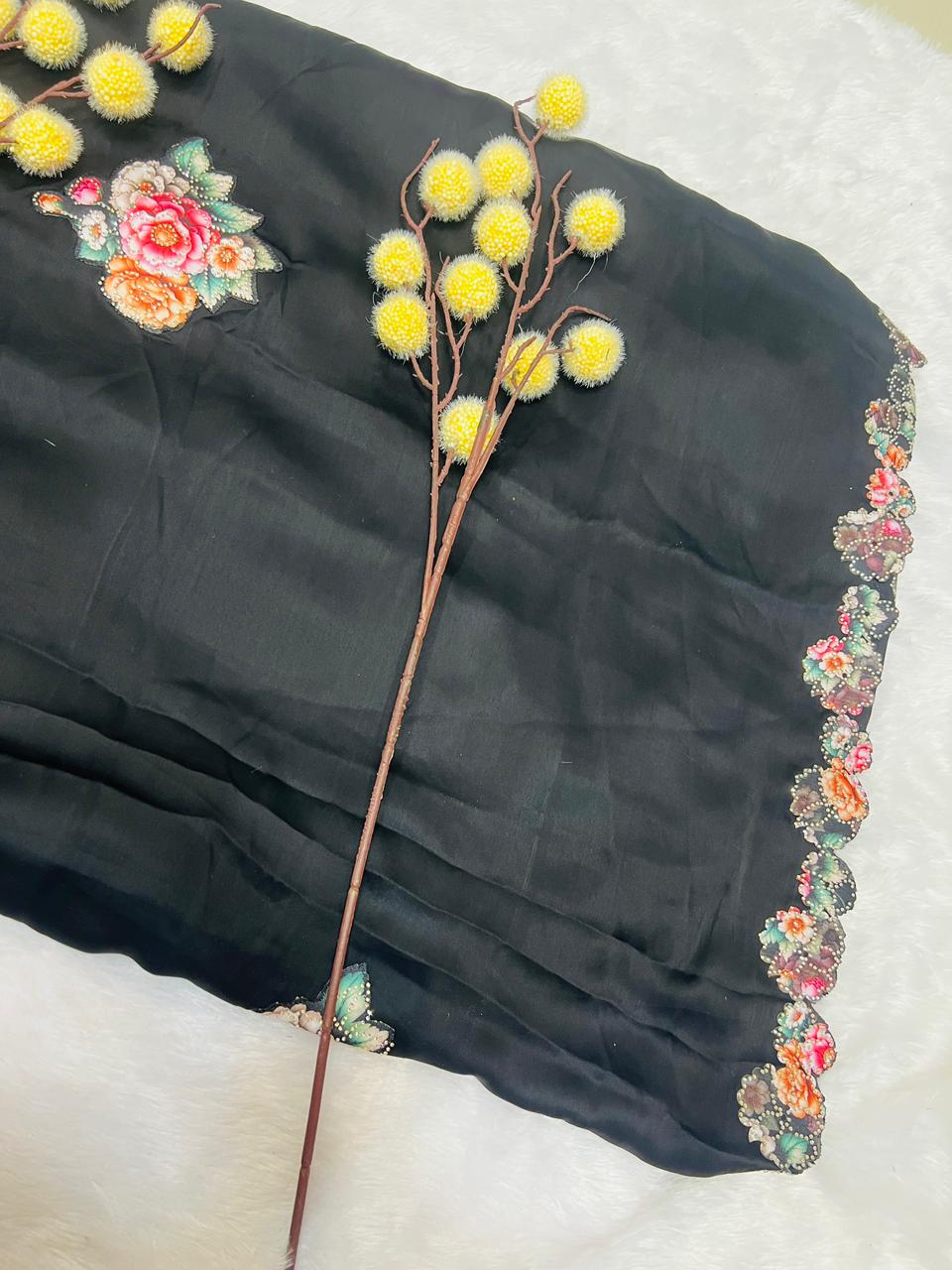Black Embroidered Floral Motif Saree