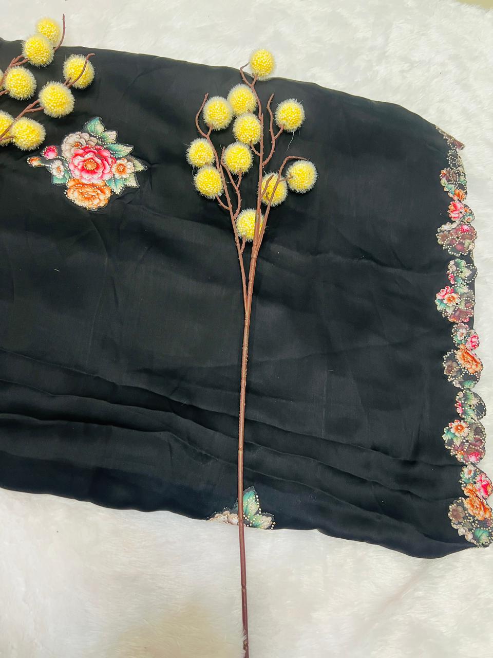 Black Embroidered Floral Motif Saree
