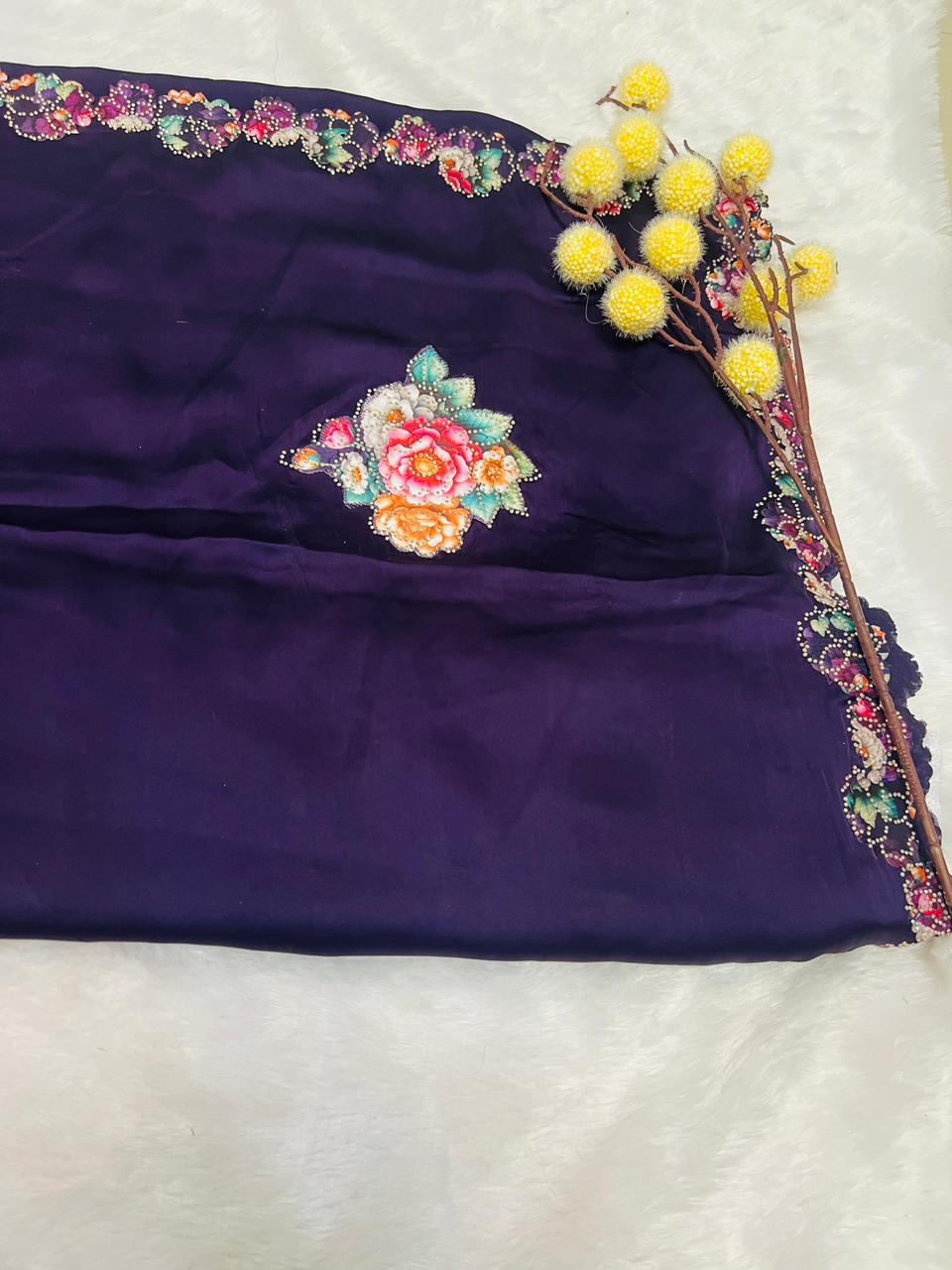 Purple Embroidered Floral Motif Saree