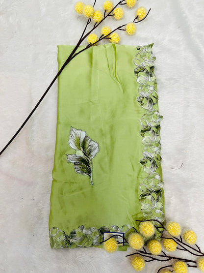 Green Leaf Applique Soft Organza Saree