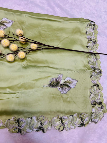 Green Leaf Applique Soft Organza Saree