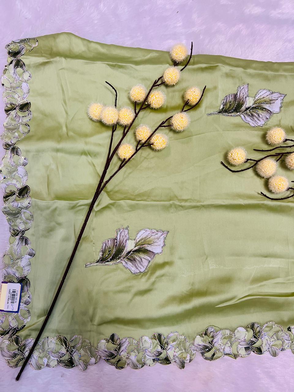 Green Leaf Applique Soft Organza Saree