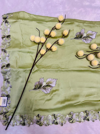 Green Leaf Applique Soft Organza Saree