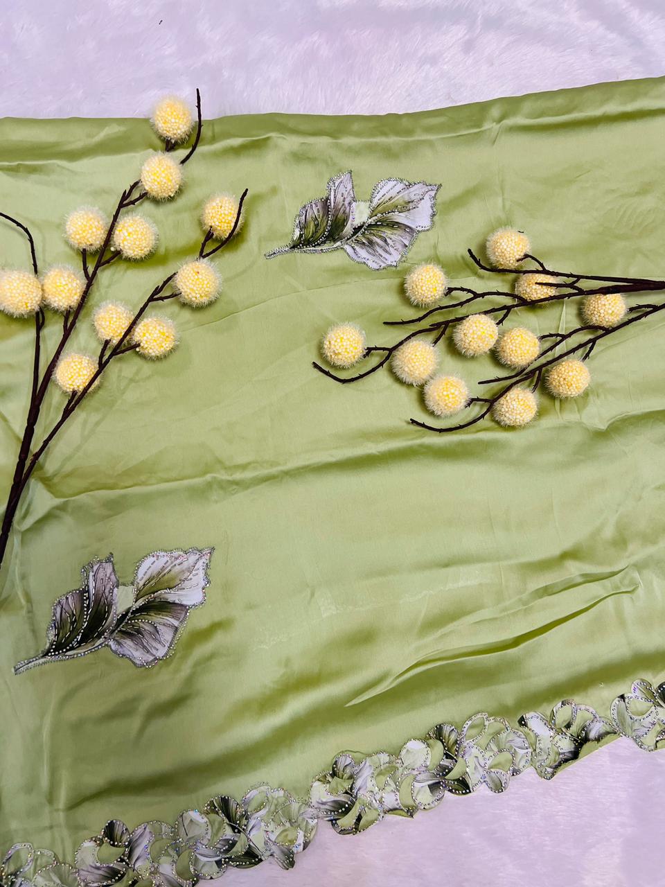 Green Leaf Applique Soft Organza Saree