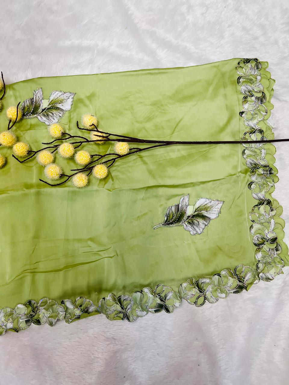 Green Leaf Applique Soft Organza Saree