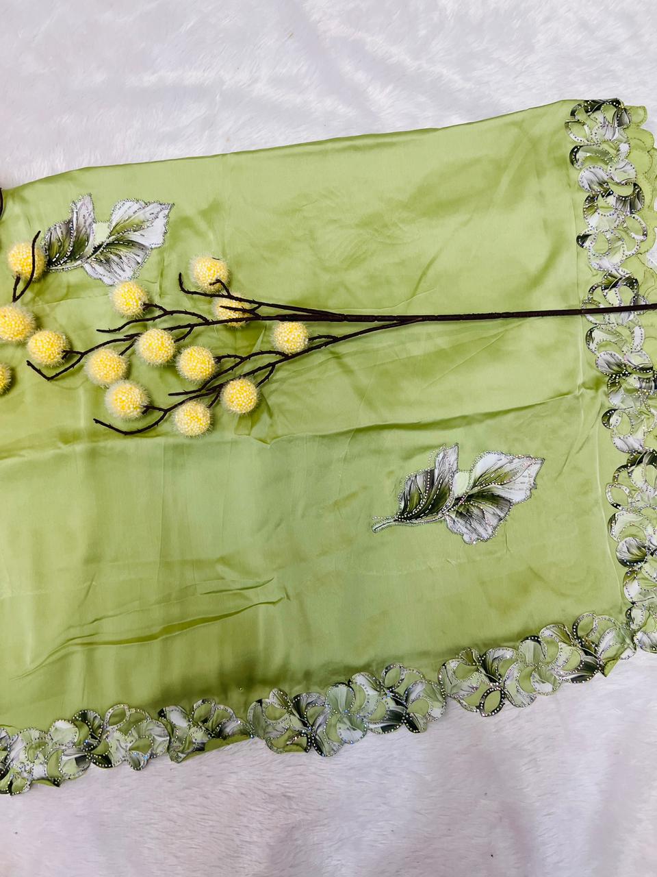 Green Leaf Applique Soft Organza Saree