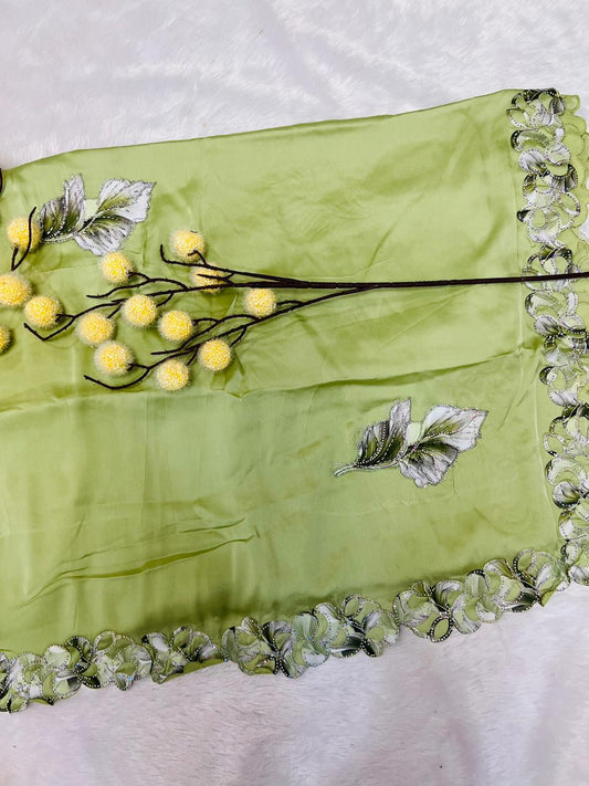 Green Leaf Applique Soft Organza Saree