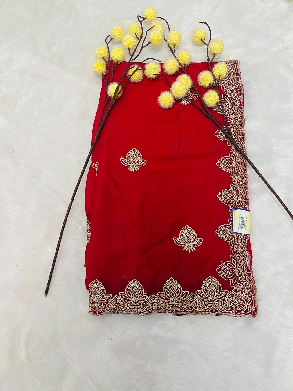 Red Lotus Motif Embroidered Saree