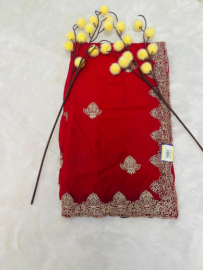 Red Lotus Motif Embroidered Saree