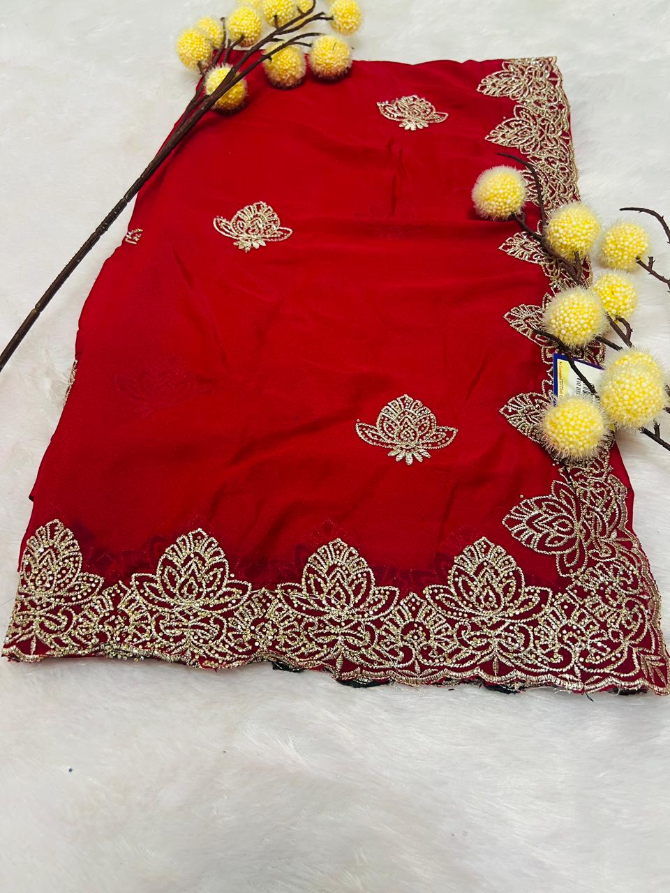 Red Lotus Motif Embroidered Saree