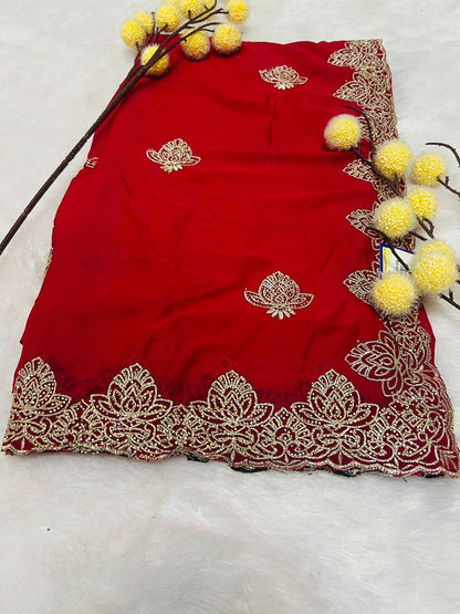 Red Lotus Motif Embroidered Saree