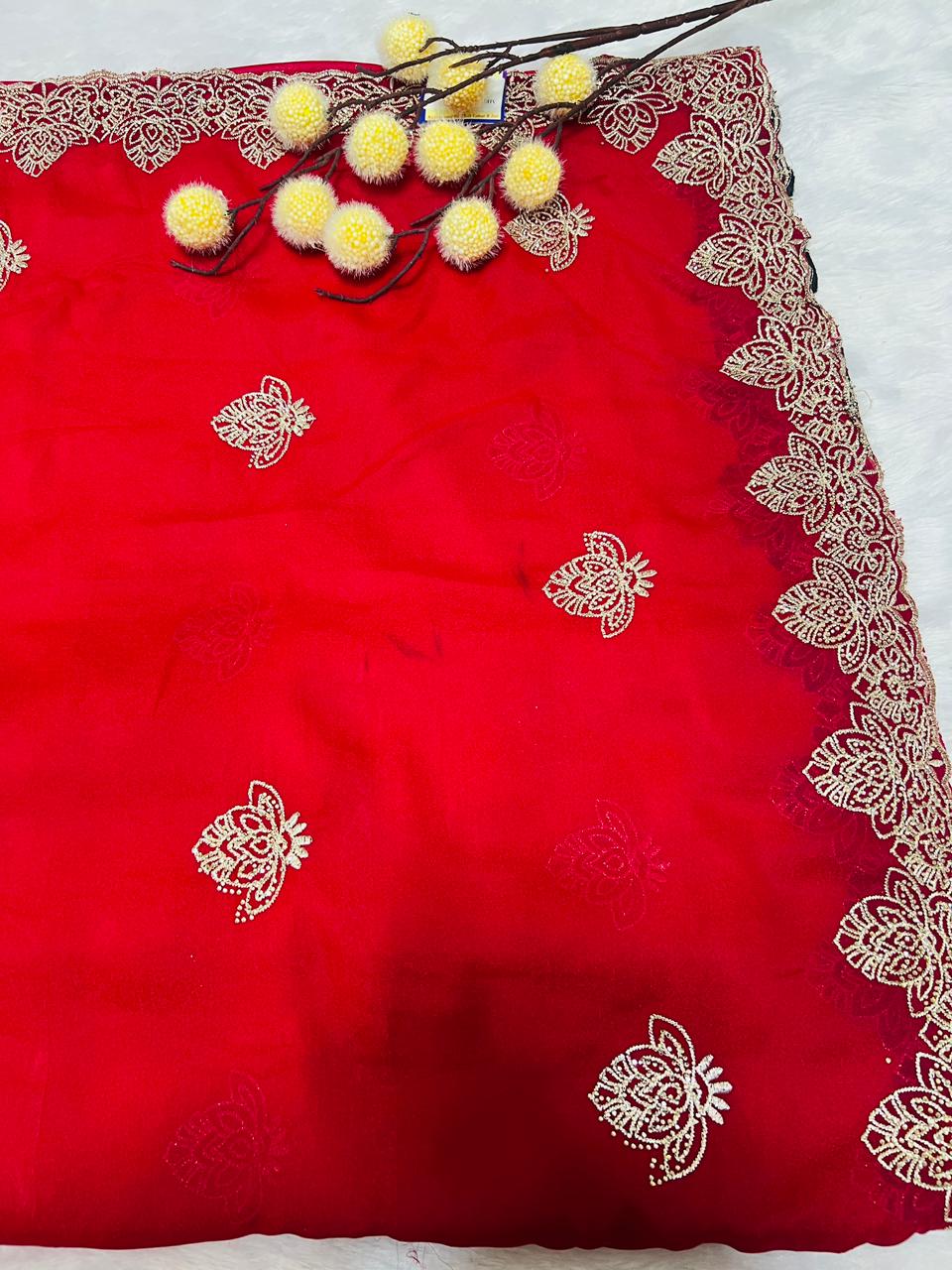 Red Lotus Motif Embroidered Saree