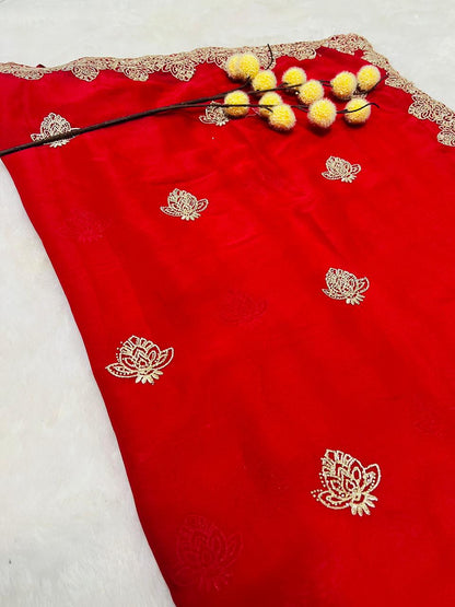 Red Lotus Motif Embroidered Saree