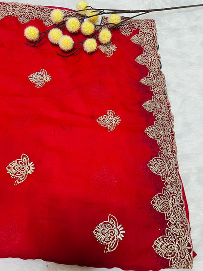 Red Lotus Motif Embroidered Saree