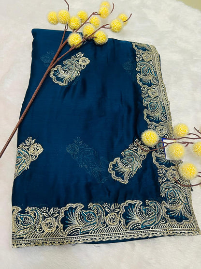 Blue Zari Embroidered Soft Silk Saree
