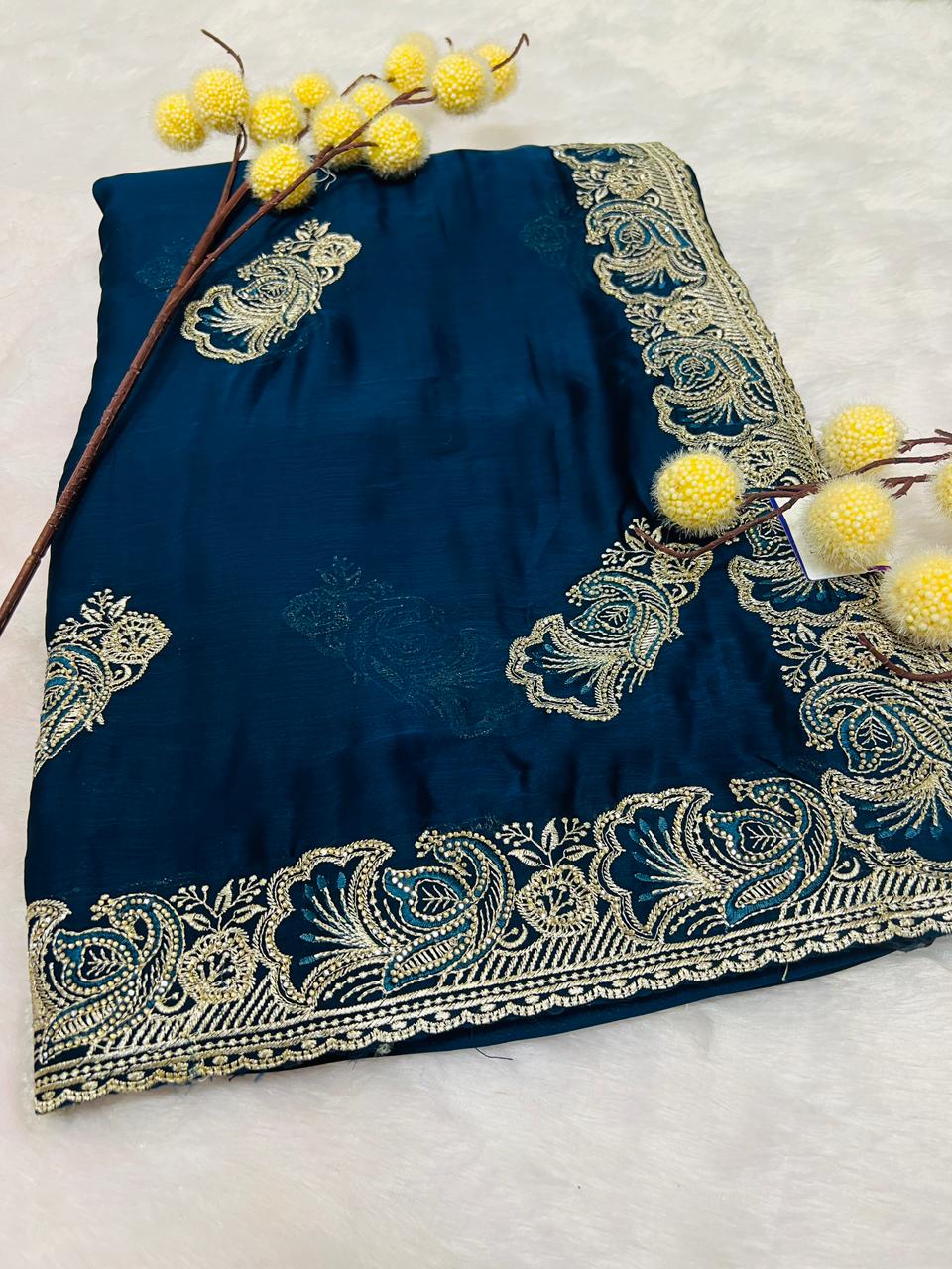 Blue Zari Embroidered Soft Silk Saree