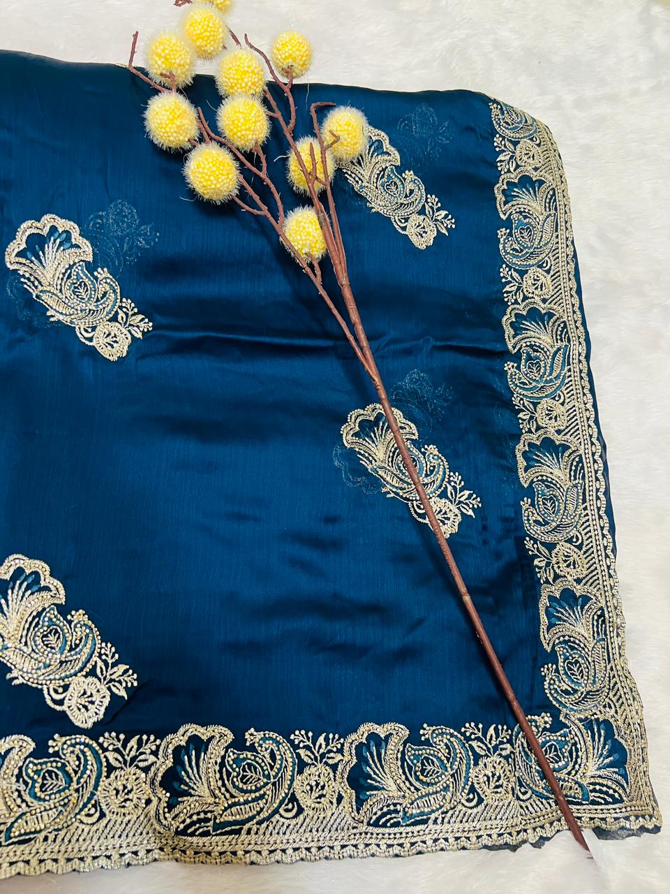Blue Zari Embroidered Soft Silk Saree