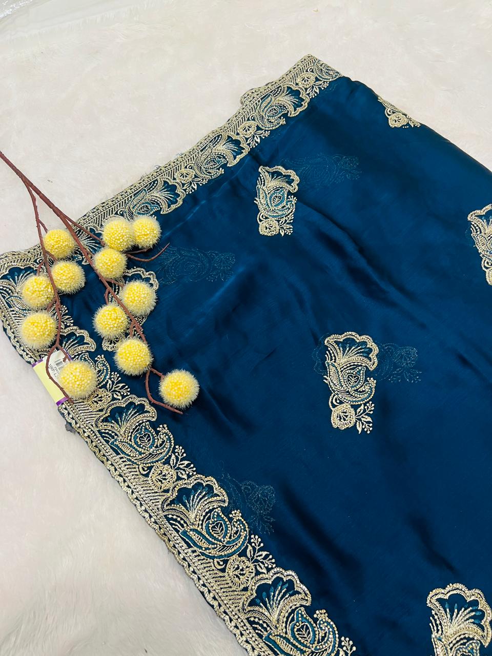 Blue Zari Embroidered Soft Silk Saree