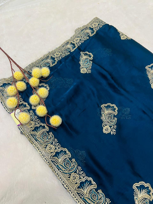 Blue Zari Embroidered Soft Silk Saree