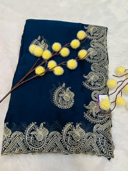 Blue Paisley Zari Embroidered Silk Saree