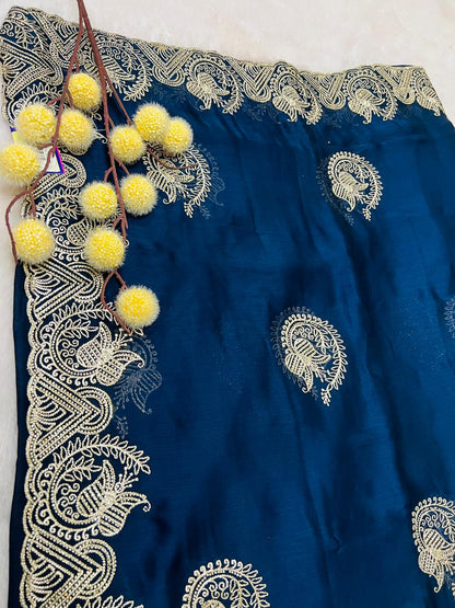Blue Paisley Zari Embroidered Silk Saree