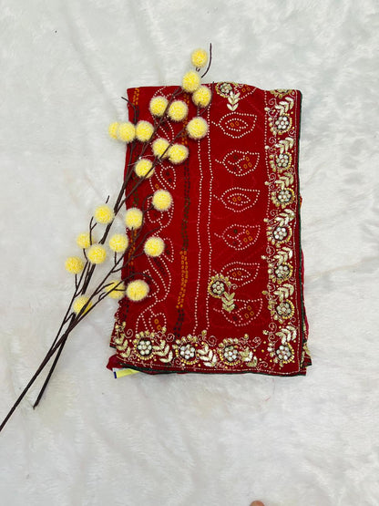 Chunadi Bandhej Saree with Stone Border