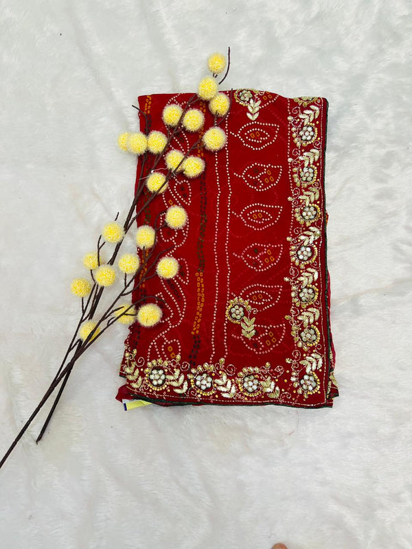 Chunadi Bandhej Saree with Stone Border