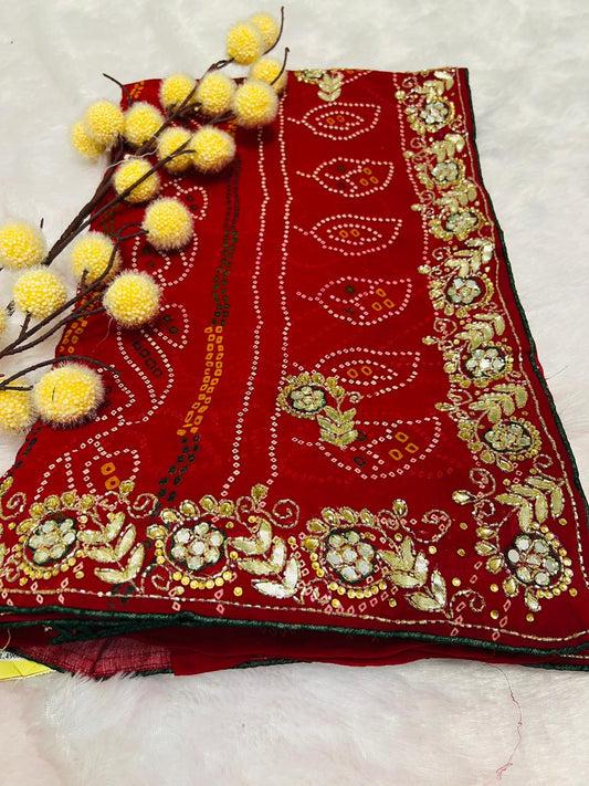 Chunadi Bandhej Saree with Stone Border
