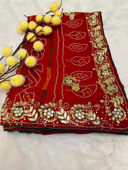 Chunadi Bandhej Saree with Stone Border
