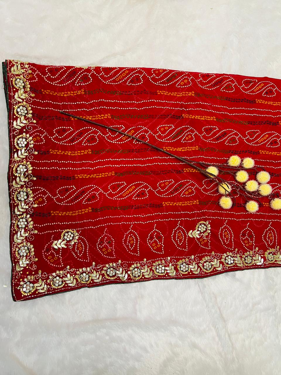 Chunadi Bandhej Saree with Stone Border