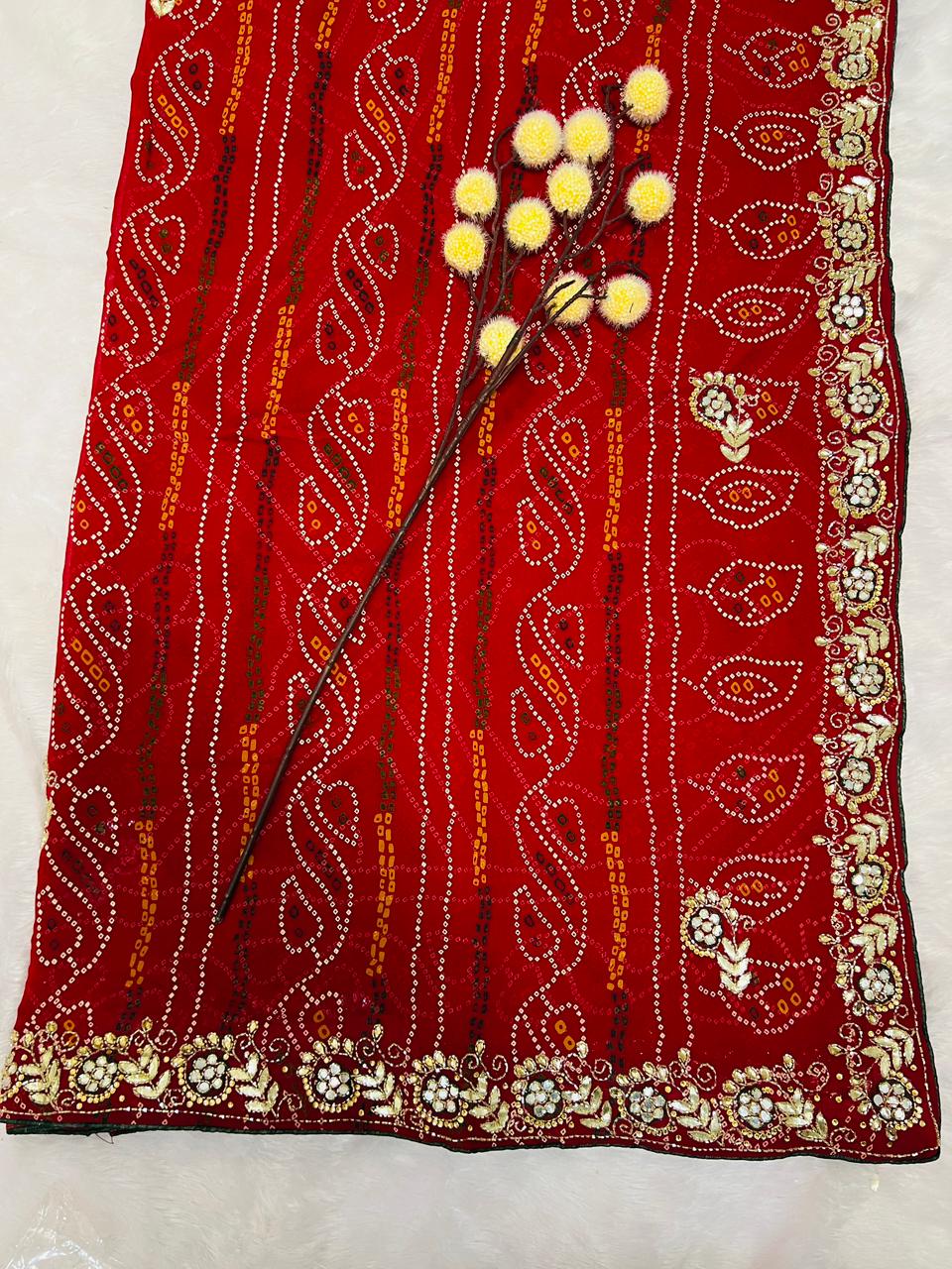 Chunadi Bandhej Saree with Stone Border