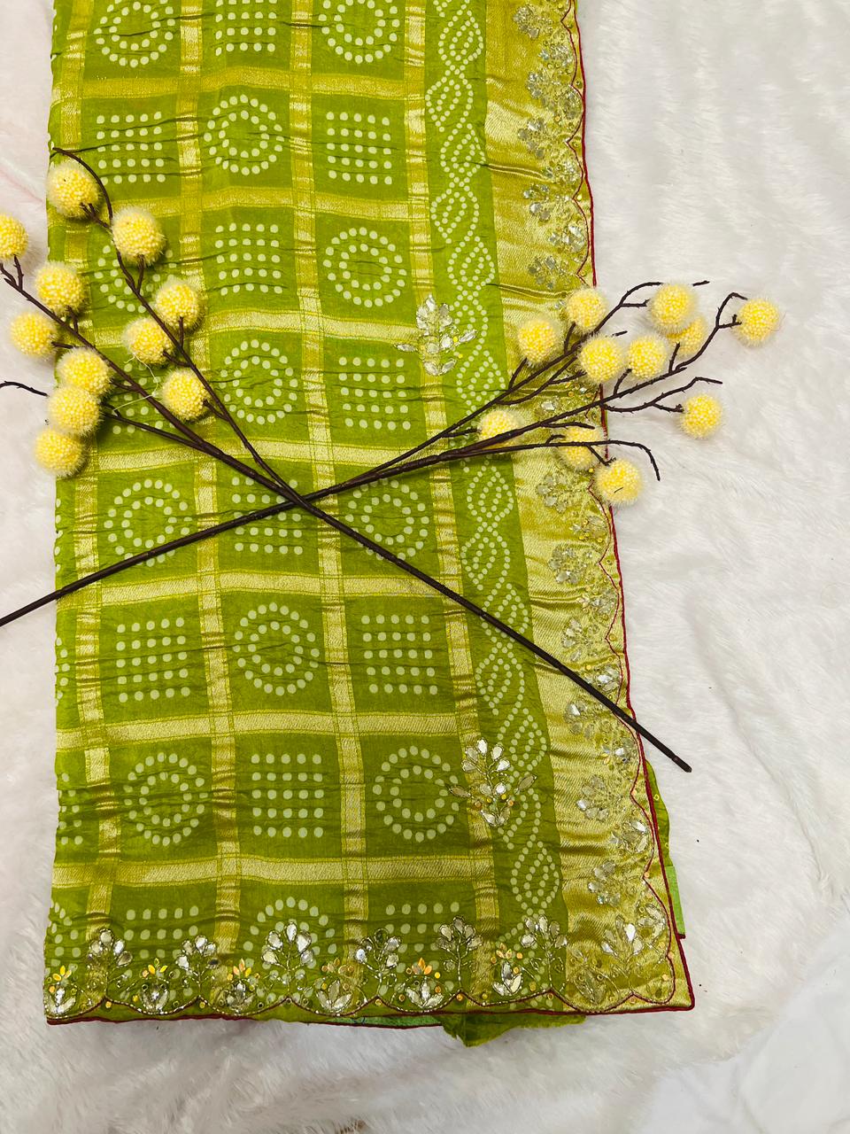 Green Chunadi Bandhej Saree with Gotta Border