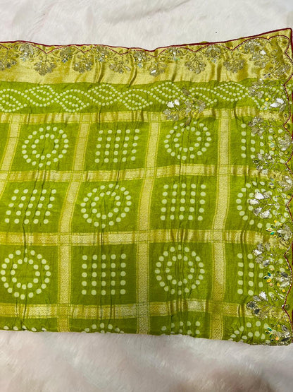 Green Chunadi Bandhej Saree with Gotta Border