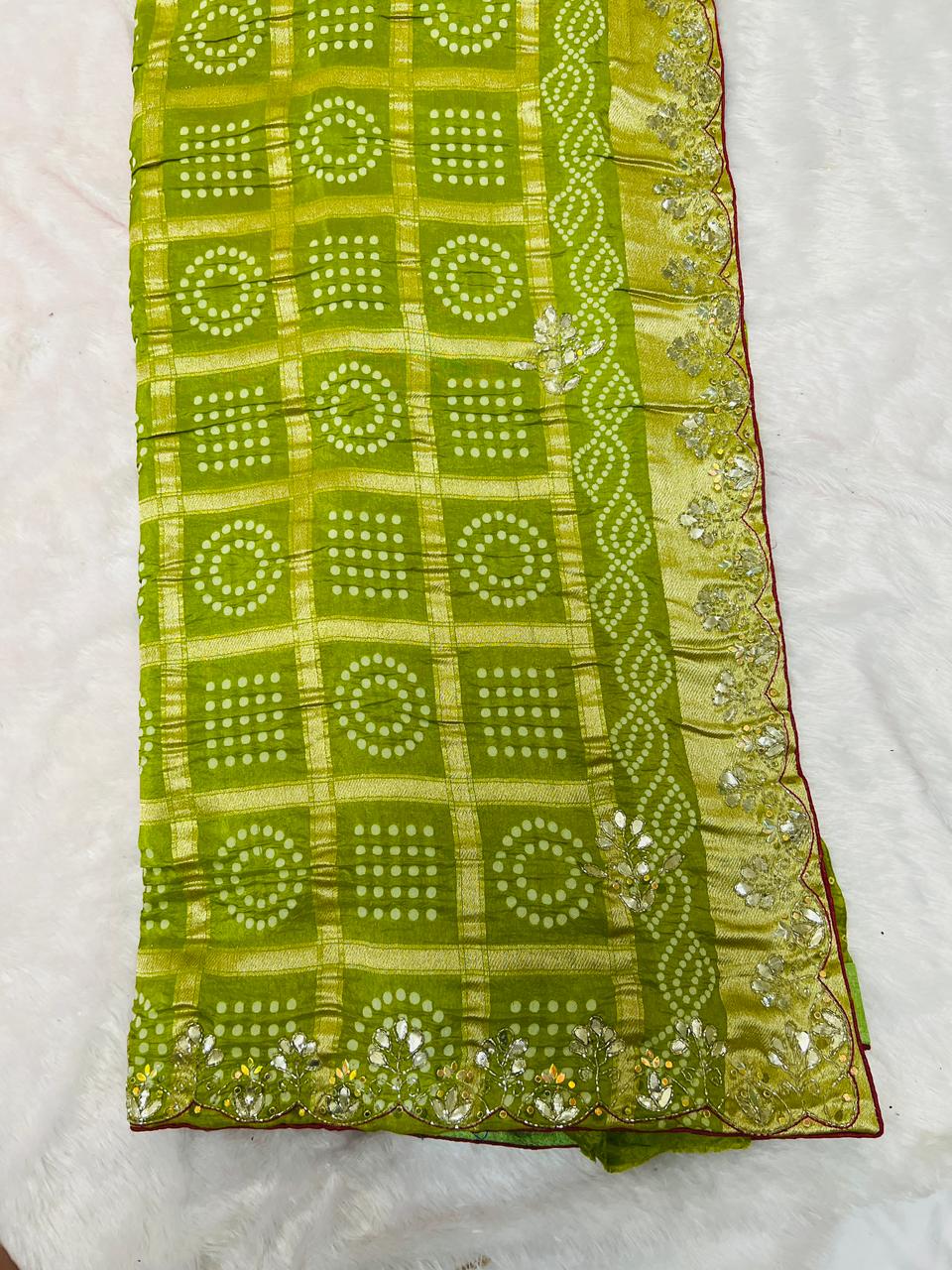 Green Chunadi Bandhej Saree with Gotta Border