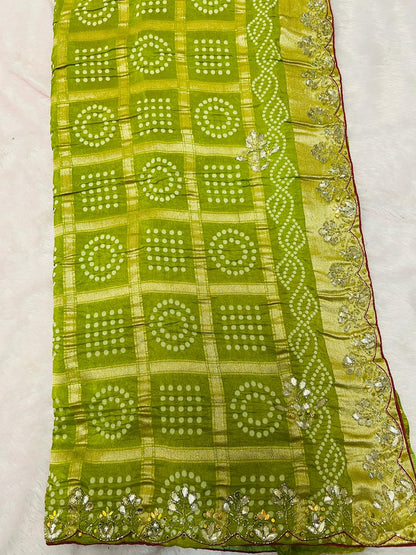 Green Chunadi Bandhej Saree with Gotta Border
