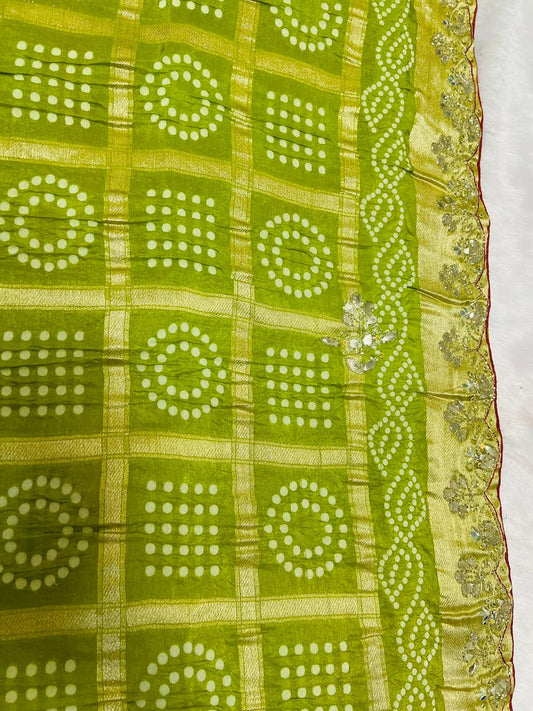 Green Chunadi Bandhej Saree with Gotta Border