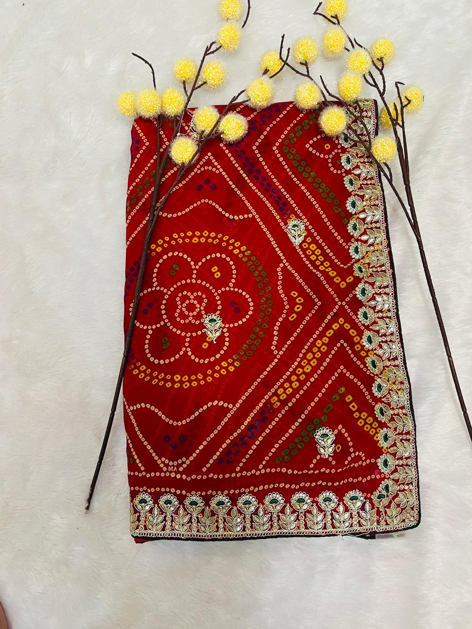 Chunadi Bandhej Saree with Heavy Embroidered Borde
