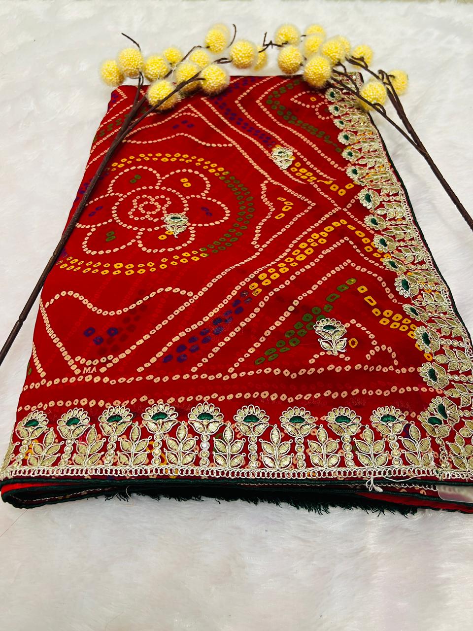 Chunadi Bandhej Saree with Heavy Embroidered Borde