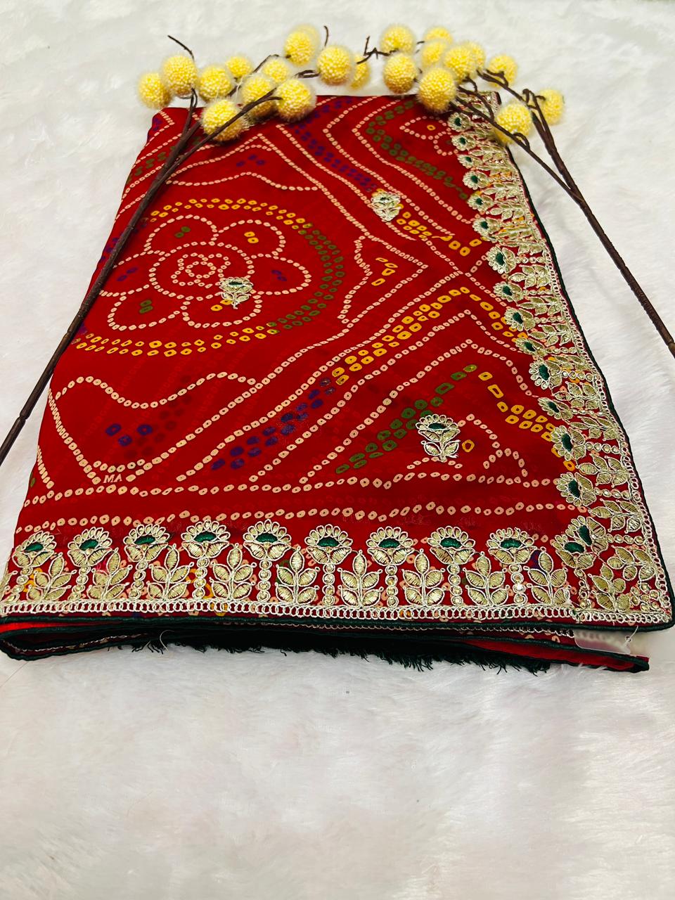 Chunadi Bandhej Saree with Heavy Embroidered Borde