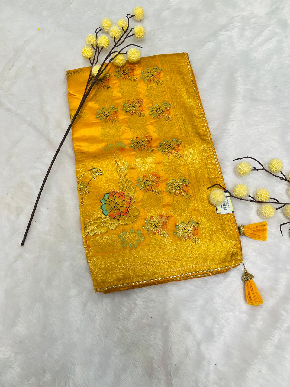 Yellow Banarasi Floral Butta Saree