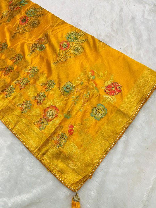Yellow Banarasi Floral Butta Saree