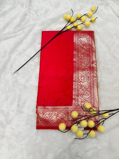 Red Banarasi Silk Blend Saree with Heavy Golden Zari Jaal Weaving and Floral Vine Border