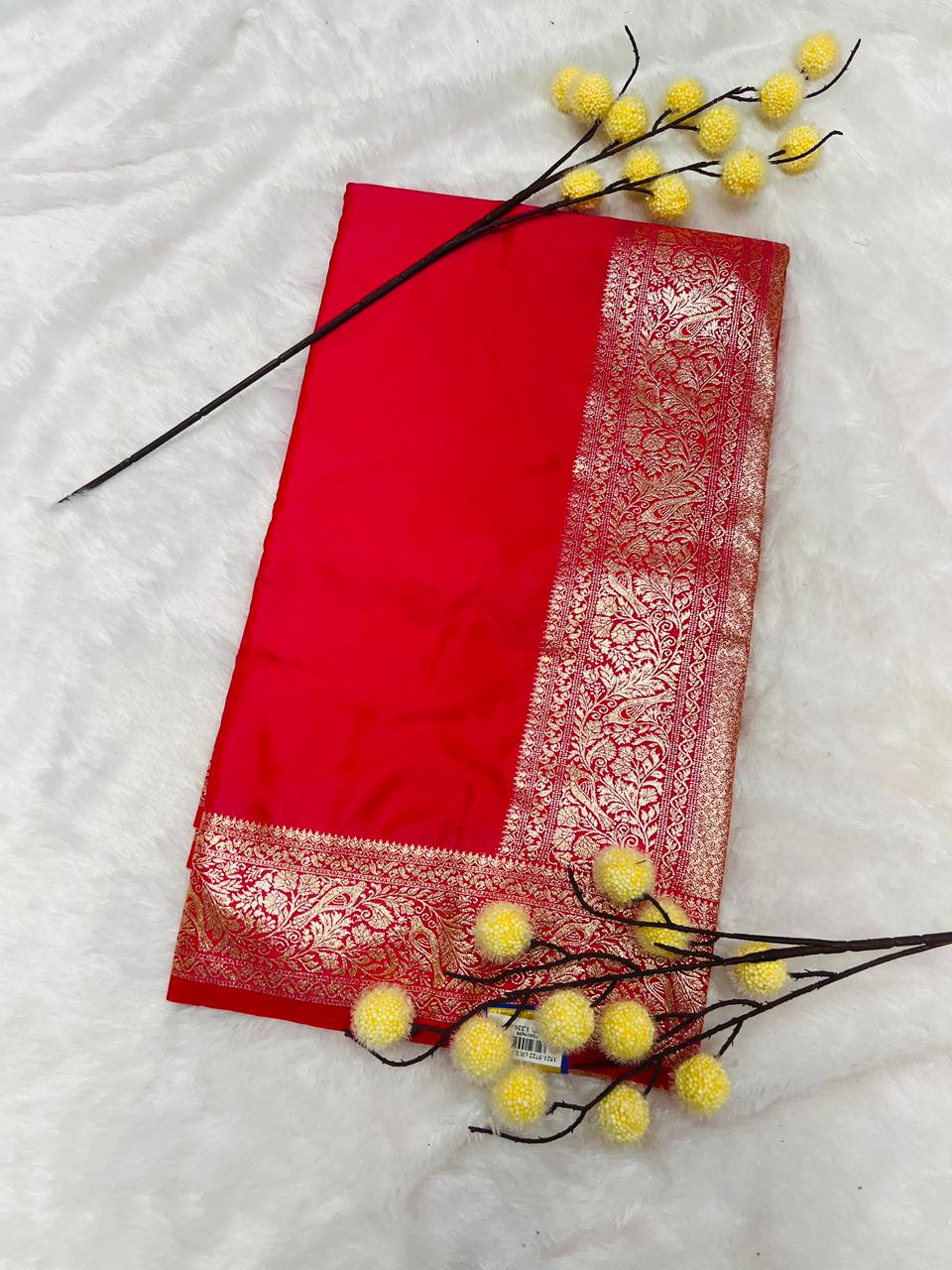 Red Banarasi Silk Blend Saree with Heavy Golden Zari Jaal Weaving and Floral Vine Border