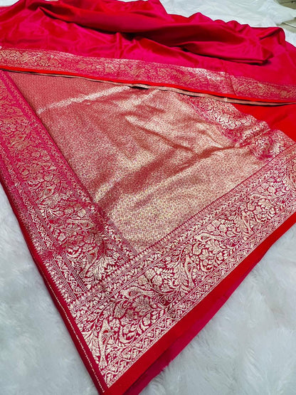 Red Banarasi Silk Blend Saree with Heavy Golden Zari Jaal Weaving and Floral Vine Border