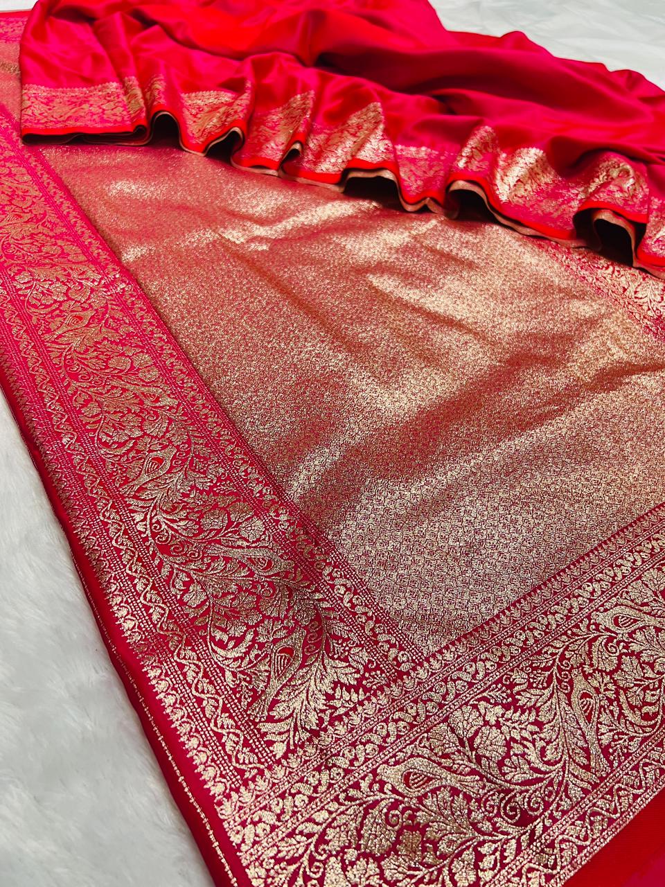 Red Banarasi Silk Blend Saree with Heavy Golden Zari Jaal Weaving and Floral Vine Border